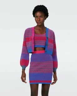New Diane von Furstenberg Dvf Rema Cardigan In Multicolor Zigzag Strip Pk/Bu