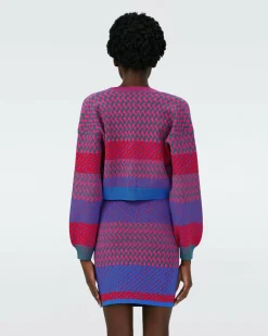 New Diane von Furstenberg Dvf Rema Cardigan In Multicolor Zigzag Strip Pk/Bu