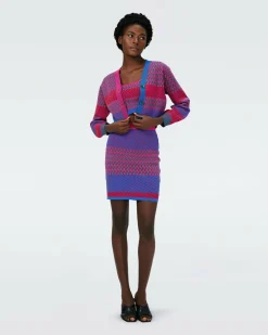 New Diane von Furstenberg Dvf Rema Cardigan In Multicolor Zigzag Strip Pk/Bu