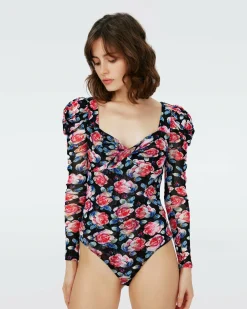 Discount Diane von Furstenberg Erik Long Sleeve Mesh Bodysuit