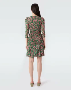 Discount Diane von Furstenberg Marcelle Pleated Mesh Dress In Billiard Green Begonia Leaves