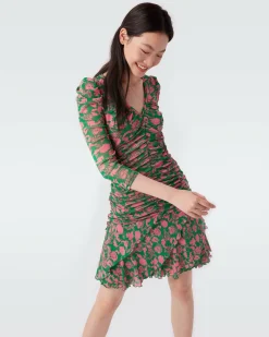 Discount Diane von Furstenberg Marcelle Pleated Mesh Dress In Billiard Green Begonia Leaves